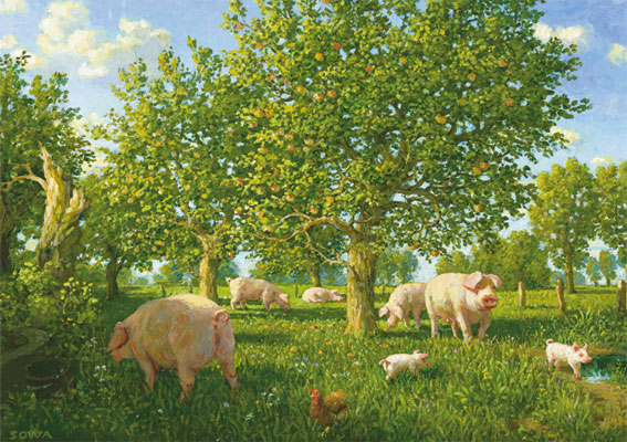 Schweine unter Apfelbäumen